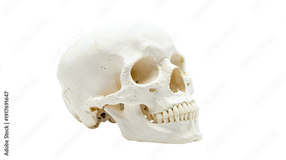 Fototapeta premium Human skull isolated on white, anatomical model for medical study, bone structure and skeletal system