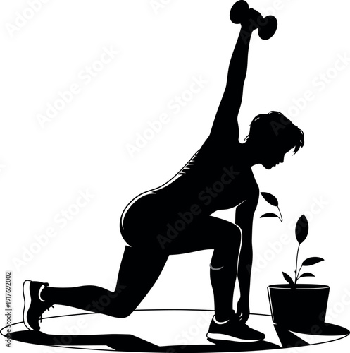 Woman silhouette performing lunges with dumbbell and plant
