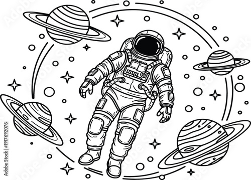 Astronaut floating in outer space surrounded by ringed planets and stars black and white line art vector illustration for coloring and design