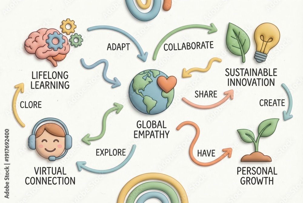 Fototapeta premium Global empathy and lifelong learning illustrated through innovative concepts of sustainable collaboration and personal growth in a visually connected environment