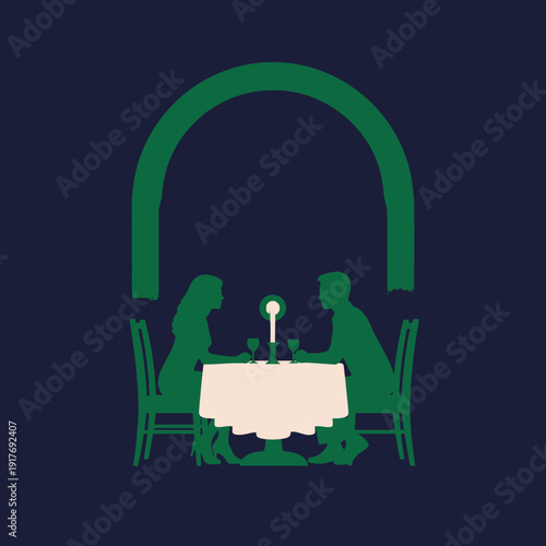 Romantic Dinner Date Silhouette Under Archway with Candlelight.