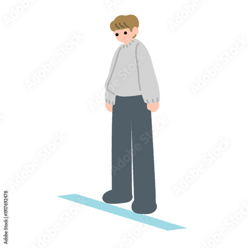 床のラインの手前で立ち止まり停止位置と権限の境界を示す人物のフラットイラスト
