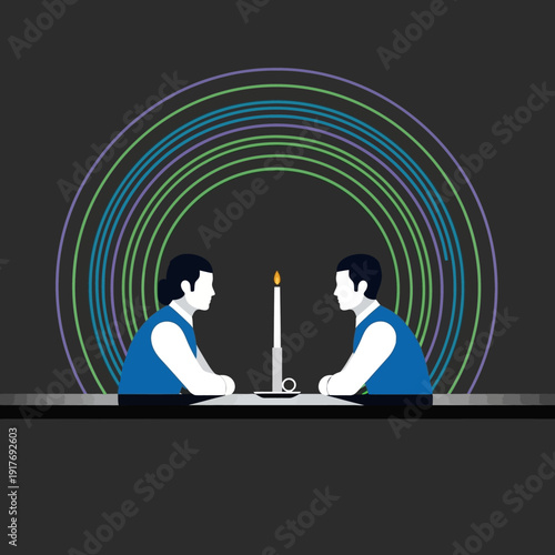 Two individuals facing each other across a table with a lit candle.