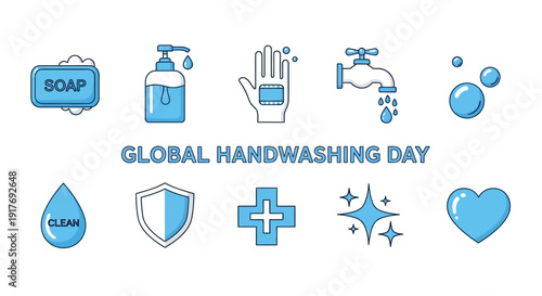 Blue and white icons related to handwashing arranged around central text