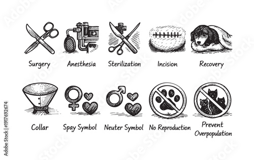 Black and white sketch illustrations showing veterinary procedures. Includes surgery, anesthesia, sterilization, recovery, spay/neuter symbols, and pet overpopulation prevention concepts