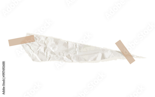 Realistic retro torn paper note vector. Tattered newspaper texture piece features wrinkled rip, sticky adhesive tape for old memo collage designs. Cardboard teture