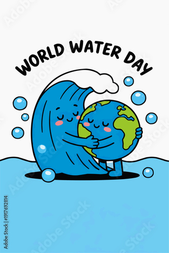 World Water Day Cute Water Wave Hugging Earth Vector Illustration
