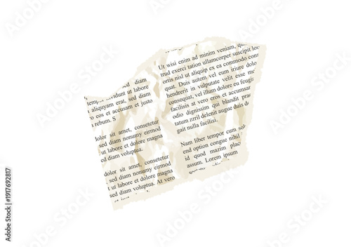 Torn newspaper note vector piece with vintage texture. Ripped article clipping features for news collage projects. Crumpled paper frame.
