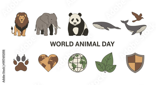 Flat icon set for World Animal Day featuring animals and environmental symbols