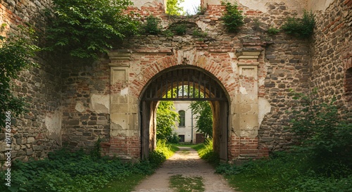 Stone arched gateway leads to a distant white building; light streams through, illuminating path