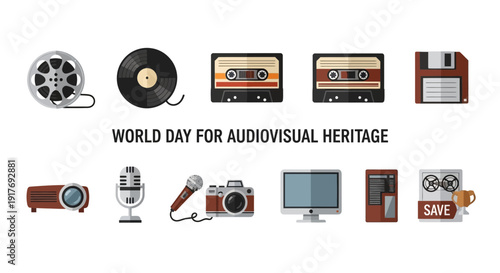 Flat icons representing audiovisual media storage and playback devices