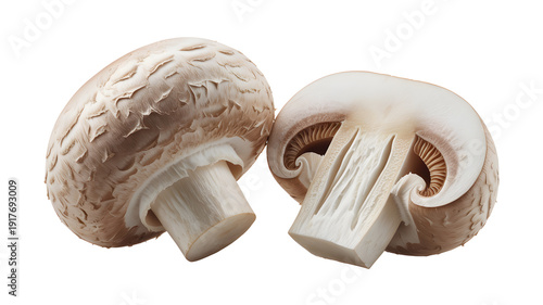 A close-up view of two mushrooms, one whole and one sliced, showcasing their texture and structure.