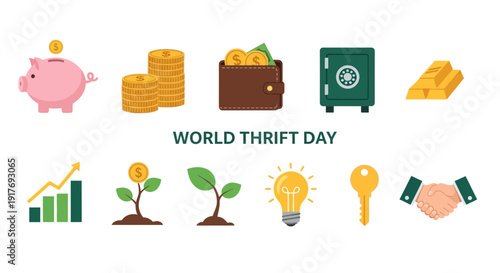 Icons representing finance and saving centered around WORLD THRIFT DAY