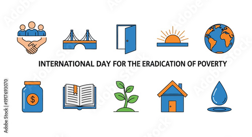Icons representing concepts related to poverty eradication surround text