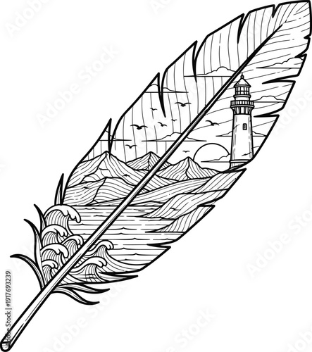 Lighthouse Feather Line Art Illustration
