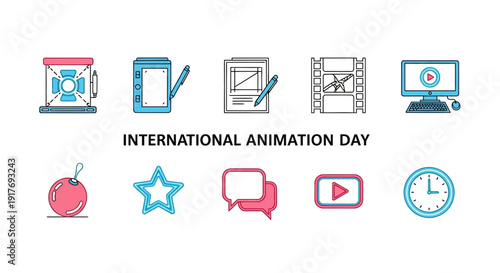 Row of ten colorful flatstyle icons related to animation production and media presentation