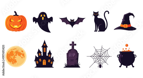 Ten individual Halloweenthemed vector icons arranged in two rows on a white background