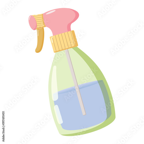 Cartoon spray bottle illustration with green translucent body, blue liquid inside, pink nozzle, and yellow trigger, symbolizing cleaning, gardening, and household use