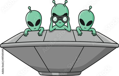 Funny cartoon green aliens in a flying saucer UFO vector illustration with one alien looking through binoculars isolated on white background design
