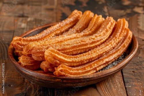 Crunchy churros coated in sugar, creating a tempting treat on a rustic wooden plate