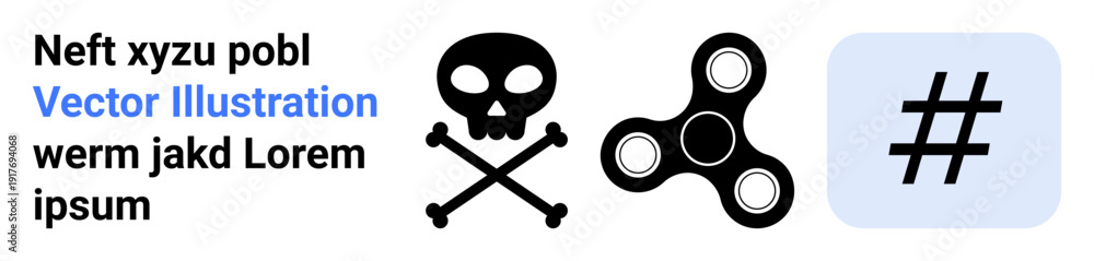 Fototapeta premium Skull and crossbones, fidget spinner, and metadata tag icon on clear layout. Ideal for technology, trends, gaming, danger, youth culture, social media and a simple landing page