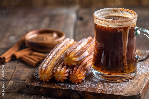 Delicious churros with sugar and cinnamon next to a coffee mug, creating a tempting scene on a wooden board