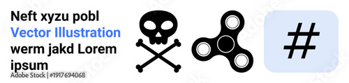 Skull and crossbones, fidget spinner, and metadata tag icon on clear layout. Ideal for technology, trends, gaming, danger, youth culture, social media and a simple landing page