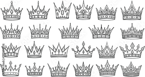 Large collection of twenty four crown icons in black and white line art vector style for luxury branding royal symbols and decorative logo design