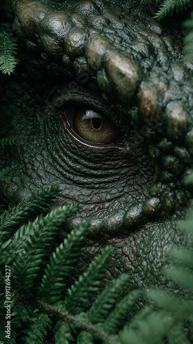 Wallpaper Mural Macro close up of ancient dinosaur eye among green ferns, textured scales, dramatic lighting, prehistoric cinematic atmosphere.
 Torontodigital.ca