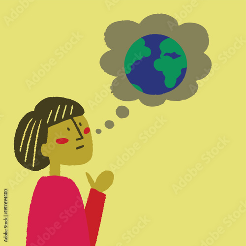 Minimal illustration of a person thinking about planet Earth in a thought bubble symbolizing environmental awareness sustainability climate concern and global responsibility concept