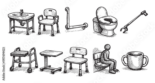 A set of mobility and bathroom assistance equipment in a black and white sketch style. Includes grab bar, commode, walker, reacher, table and chair, for accessibility needs concepts.