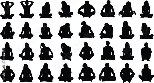 Meditating figures sit in yoga positions.