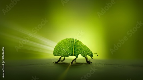 Macro photograph capturing an incredible leaf insect illusion with intricate vein structure moving swiftly across a dark surface against a vibrant lime green backdrop.