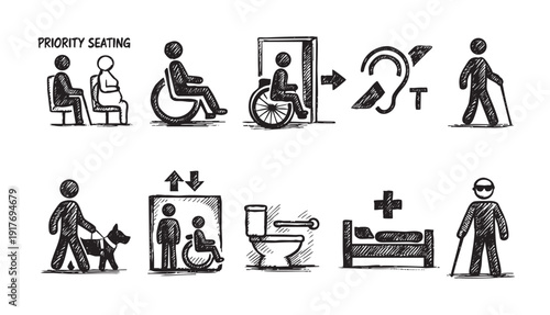 A collection of black and white hand-drawn icons representing accessibility features for people with disabilities. Includes wheelchair access, hearing assistance, and priority seating.