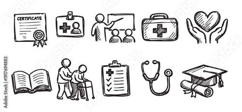 Hand drawn sketch illustrations of healthcare and education icons. Ideal for websites, brochures, or presentations related to medicine, education, or social work.