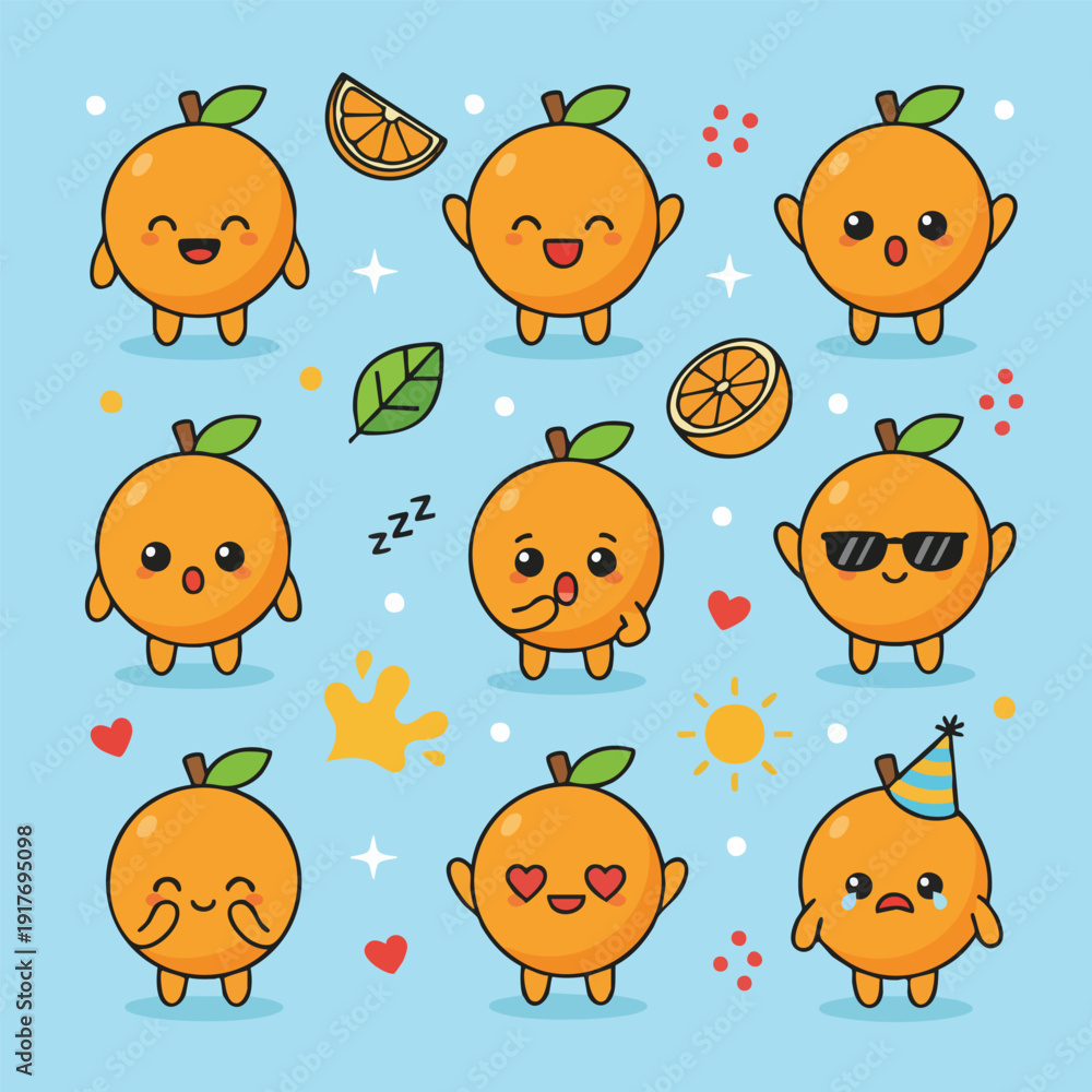 Fototapeta premium Cute Orange Cartoon Illustration Set | Kawaii Orange Character, Fruit Emoji & Sticker Pack