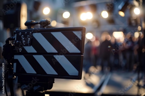 Movie clapperboard stands ready on set during an evening film shoot, with the crew and background lights blurred, creating a cinematic atmosphere