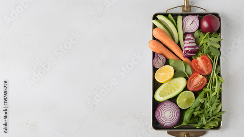 A vibrant assortment of fresh vegetables and fruits arranged on a baking sheet