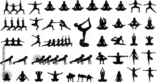 Various yoga poses shown in silhouette icons.