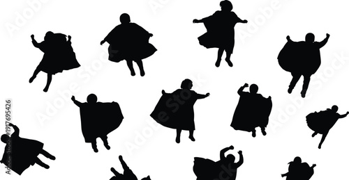 Flying figures wear cloaks against a white.