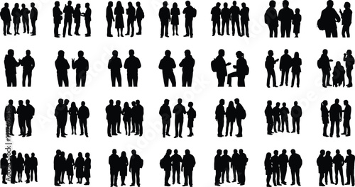 Various groups of people stand together in.