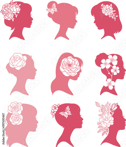 Female silhouette with flowers, butterfly hair design, feminine beauty vector, decorative art, fashion illustration, nature concept, artistic profile icons