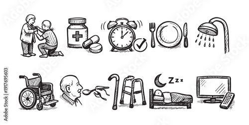 Doodle style line art icons depicting daily activities for elderly or disabled people needing assistance. Includes dressing, meals, medication, mobility, and personal hygiene routines.