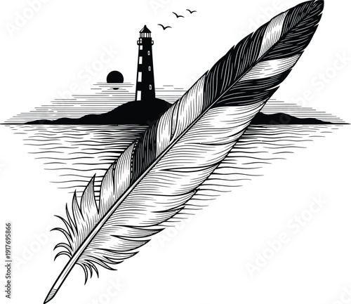 Feather with lighthouse coastal illustration
