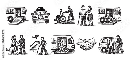 A collection of hand-drawn style vector icons depicting accessibility services, mobility assistance, and support. Includes ramps, taxis, wheelchairs, walking aids, and partnerships.