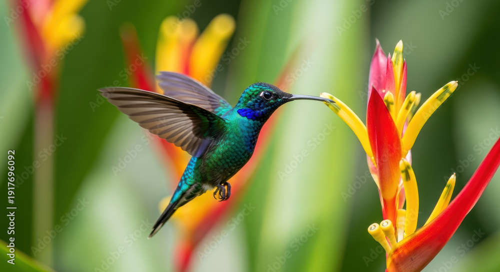 Fototapeta premium Hummingbird Hovering Near Tropical Flowers