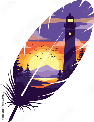 Feather with lighthouse sunset landscape illustration