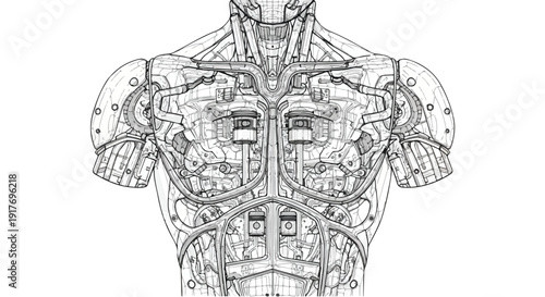 Futuristic cyborg humanoid robotic torso sketch