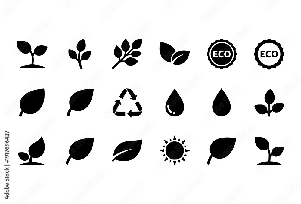Fototapeta premium Green leaf ecology icon set flat nature environmental plant symbols vector collection