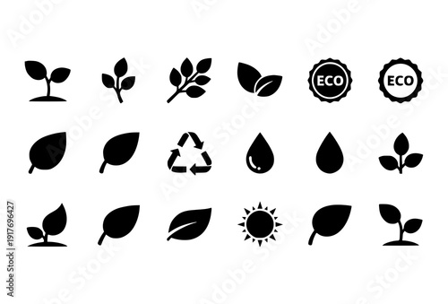 Green leaf ecology icon set flat nature environmental plant symbols vector collection